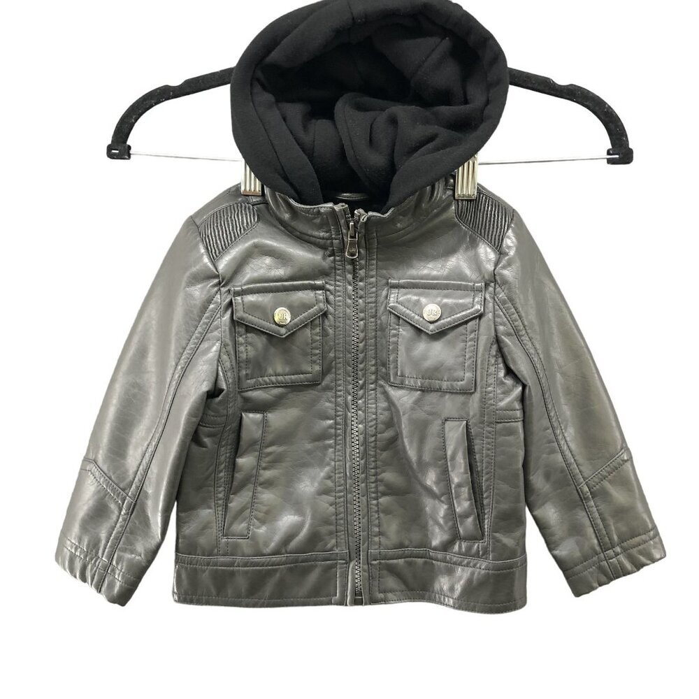 Urban Republic Boys 18M Faux Leather‎ Moto Jacket Gray Hooded Full Zip Flight
